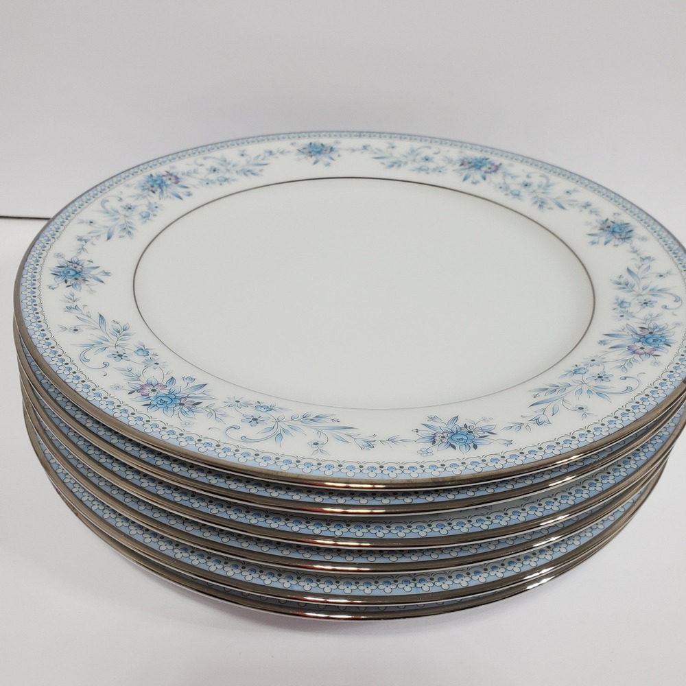 Noritake Salad Plates Blue Hill White Blue Floral‎ Set of 6 Platinum Trim #2482